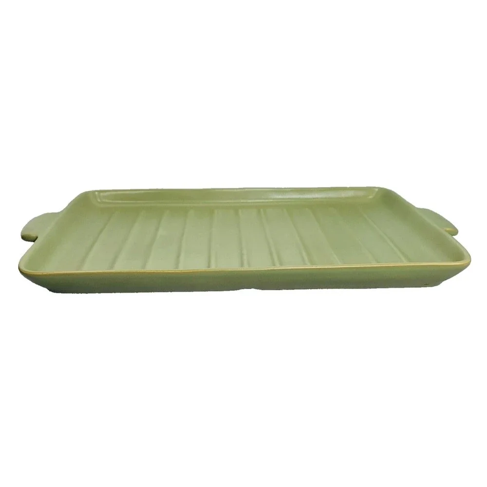 Longaberger Flameware SAGE Grill Pan Pottery Server Cookware 18" x 10" Green - Picture 4 of 14